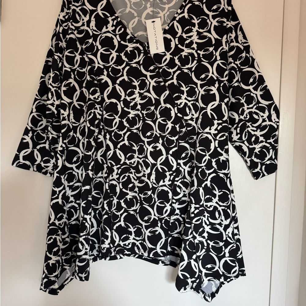 Notations Black and White Asymmetrical 3/4 Sleeve Blouse
